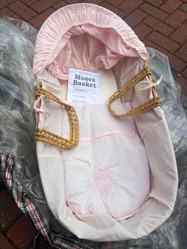 Pink moses basket teddy with - basket,